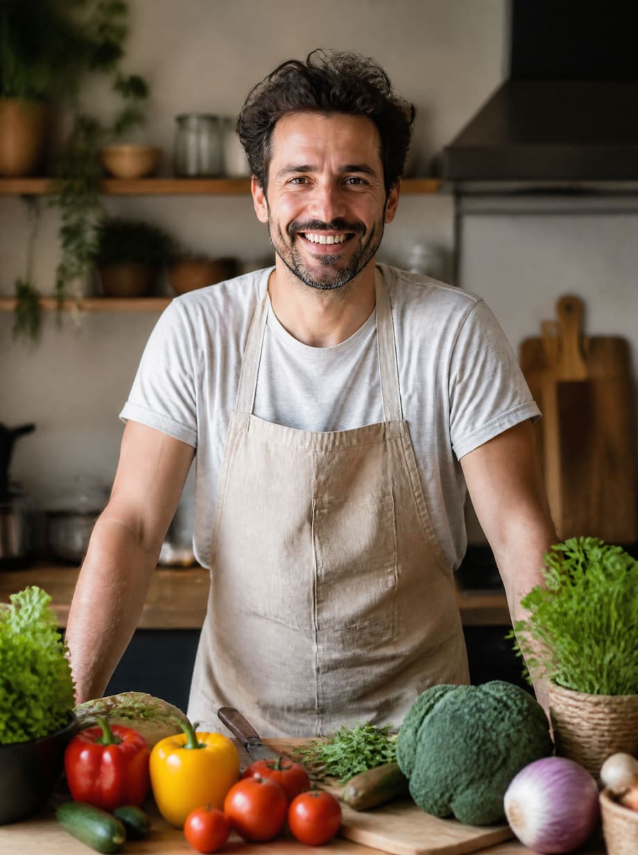Cuisinier souriant devant un plan de travail garni de légumes frais